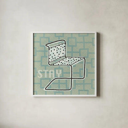 Retro Chair III Stay by Michael Mullan. Shown in a crisp white glass frame for a clean and minimalist style. Available as an archival giclee rolled canvas, fine art paper, or poster print. SKU 27881a.