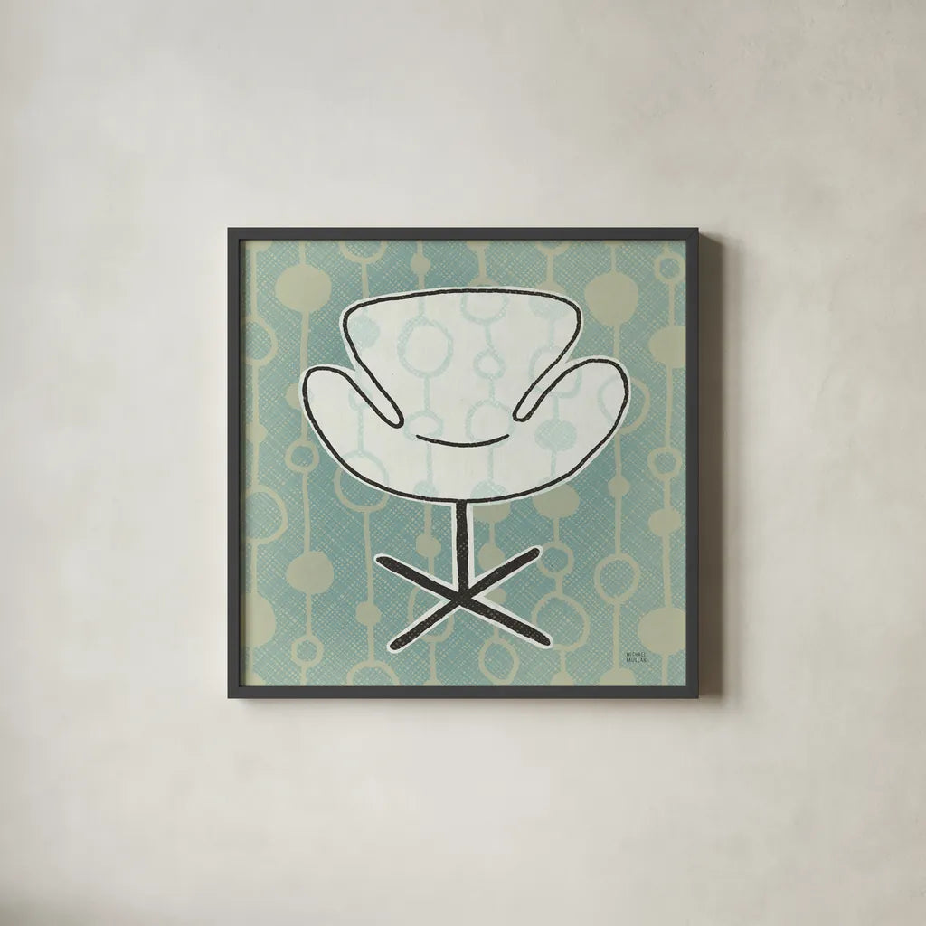 Retro Chair IV by Michael Mullan. Shown in a sleek black glass frame for a contemporary gallery look. Available as an archival giclee rolled canvas, fine art paper, or poster print. SKU 50771a.