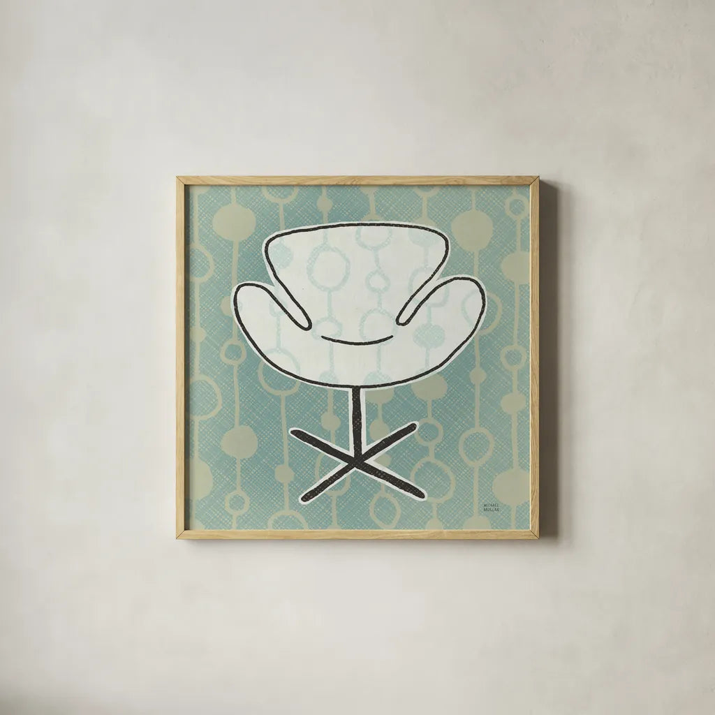 Retro Chair IV by Michael Mullan. Shown in a natural wood glass frame for a timeless modern aesthetic. Available as an archival giclee rolled canvas, fine art paper, or poster print. SKU 50771a.