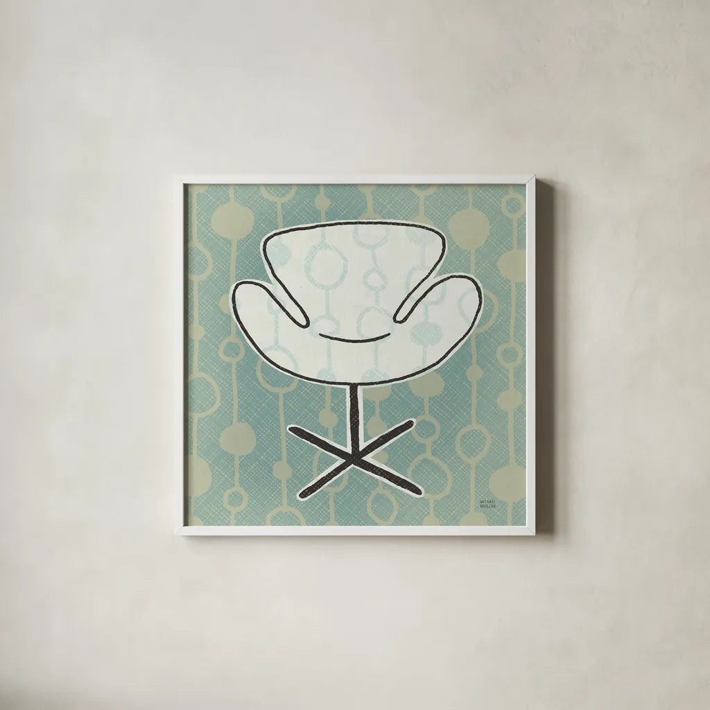 Retro Chair IV by Michael Mullan. Shown in a crisp white glass frame for a clean and minimalist style. Available as an archival giclee rolled canvas, fine art paper, or poster print. SKU 50771a.