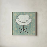 Retro Chair IV by Michael Mullan. Shown in a crisp white glass frame for a clean and minimalist style. Available as an archival giclee rolled canvas, fine art paper, or poster print. SKU 50771a.