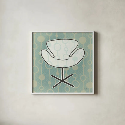 Retro Chair IV by Michael Mullan. Shown in a crisp white glass frame for a clean and minimalist style. Available as an archival giclee rolled canvas, fine art paper, or poster print. SKU 50771a.