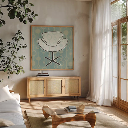 Retro Chair IV by Michael Mullan. Shown in a natural wood frame in a cozy modern living room. Available as an archival giclee rolled canvas, fine art paper, or poster print. SKU 50771a.