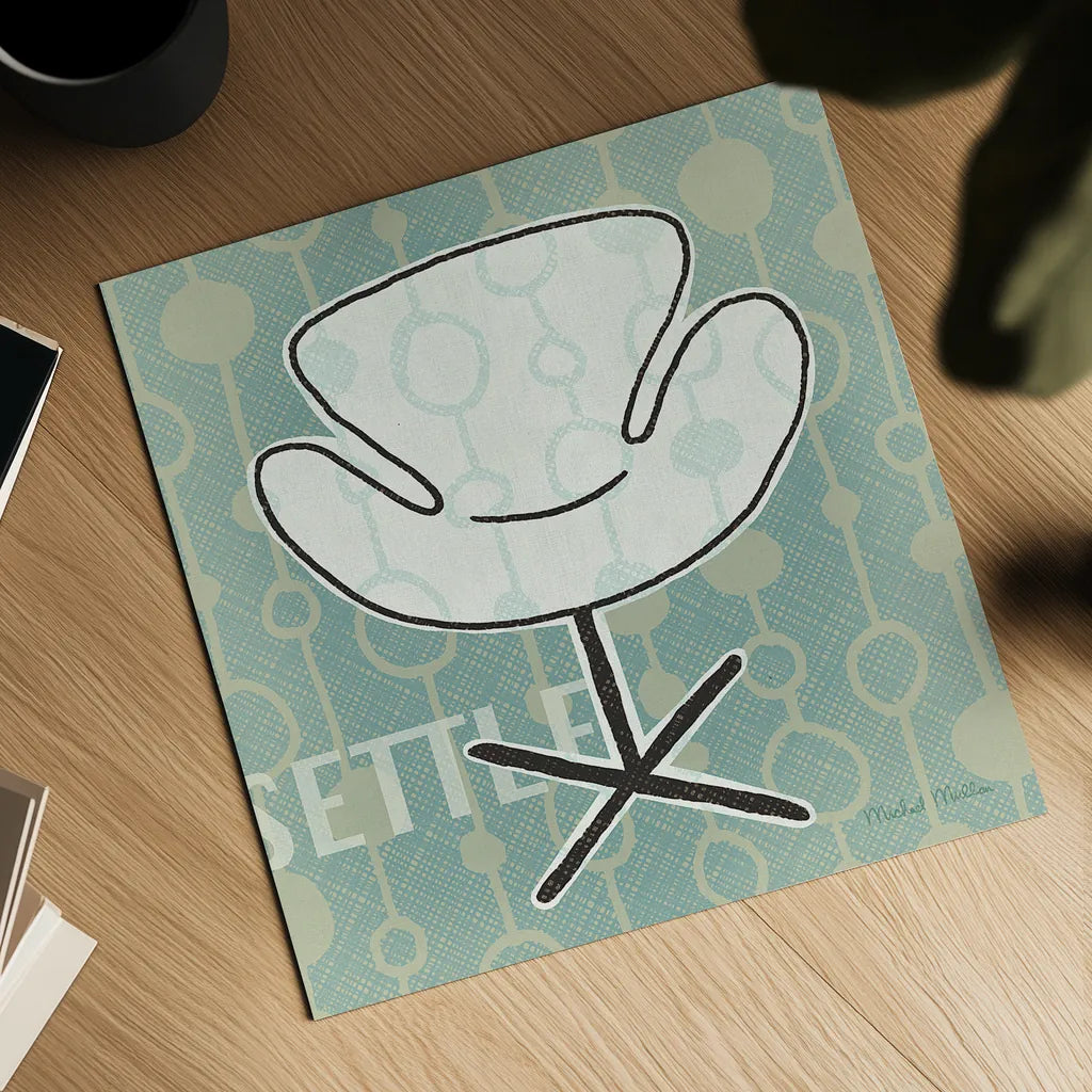 Retro Chair IV Settle by Michael Mullan. Shown as a detailed flat fine art print, highlighting archival giclee quality. Available as an archival giclee rolled canvas, fine art paper, or poster print. SKU 27882a.