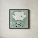 Retro Chair IV Settle by Michael Mullan. Shown in a sleek black glass frame for a contemporary gallery look. Available as an archival giclee rolled canvas, fine art paper, or poster print. SKU 27882a.
