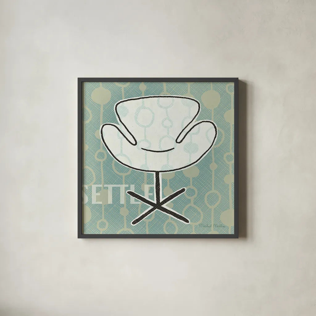 Retro Chair IV Settle by Michael Mullan. Shown in a sleek black glass frame for a contemporary gallery look. Available as an archival giclee rolled canvas, fine art paper, or poster print. SKU 27882a.