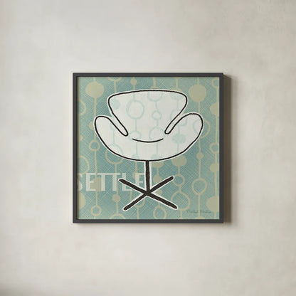 Retro Chair IV Settle by Michael Mullan. Shown in a sleek black glass frame for a contemporary gallery look. Available as an archival giclee rolled canvas, fine art paper, or poster print. SKU 27882a.