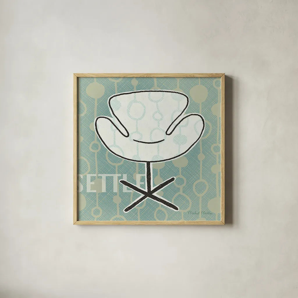Retro Chair IV Settle by Michael Mullan. Shown in a natural wood glass frame for a timeless modern aesthetic. Available as an archival giclee rolled canvas, fine art paper, or poster print. SKU 27882a.