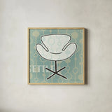 Retro Chair IV Settle by Michael Mullan. Shown in a natural wood glass frame for a timeless modern aesthetic. Available as an archival giclee rolled canvas, fine art paper, or poster print. SKU 27882a.