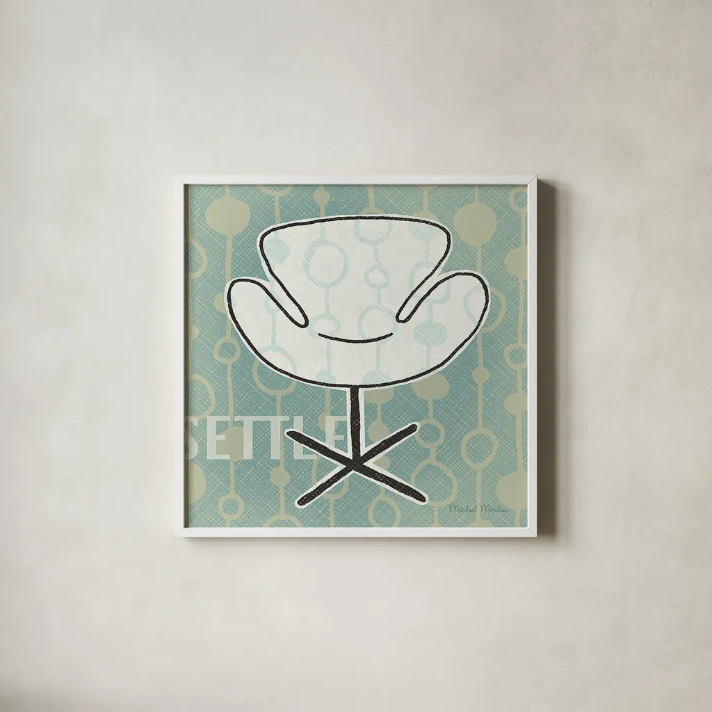 Retro Chair IV Settle by Michael Mullan. Shown in a crisp white glass frame for a clean and minimalist style. Available as an archival giclee rolled canvas, fine art paper, or poster print. SKU 27882a.