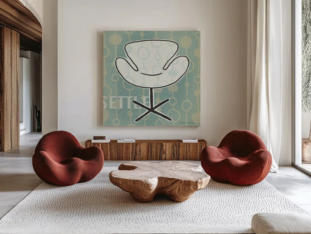Retro Chair IV Settle by Michael Mullan. Shown as extra-large giant wall art in a modern living room. Available as an archival giclee rolled canvas, fine art paper, or poster print. SKU 27882a.