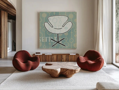 Retro Chair IV Settle by Michael Mullan. Shown as extra-large giant wall art in a modern living room. Available as an archival giclee rolled canvas, fine art paper, or poster print. SKU 27882a.