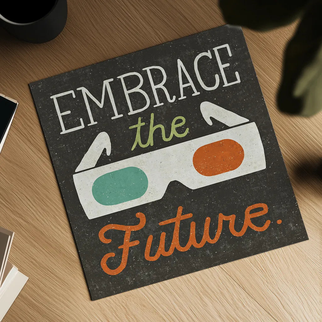 Retro Desktop 3D Glasses by Michael Mullan. Shown as a detailed flat fine art print, highlighting archival giclee quality. Available as an archival giclee rolled canvas, fine art paper, or poster print. SKU 22801a.