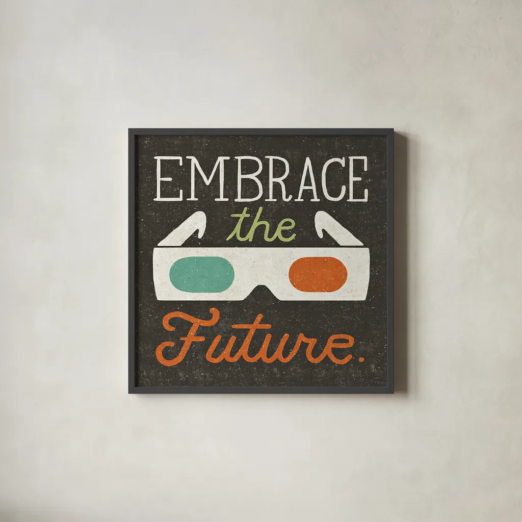 Retro Desktop 3D Glasses by Michael Mullan. Shown in a sleek black glass frame for a contemporary gallery look. Available as an archival giclee rolled canvas, fine art paper, or poster print. SKU 22801a.