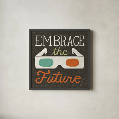 Retro Desktop 3D Glasses by Michael Mullan. Shown in a sleek black glass frame for a contemporary gallery look. Available as an archival giclee rolled canvas, fine art paper, or poster print. SKU 22801a.