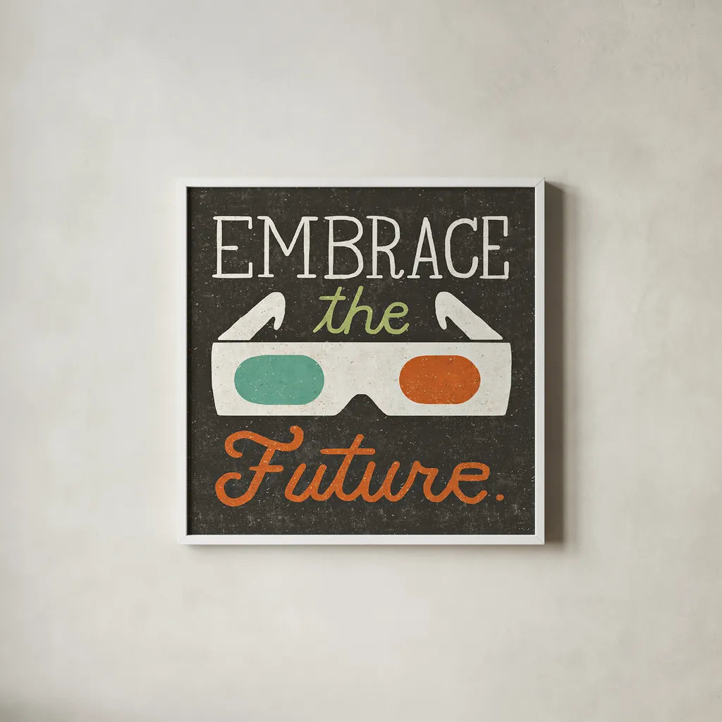 Retro Desktop 3D Glasses by Michael Mullan. Shown in a crisp white glass frame for a clean and minimalist style. Available as an archival giclee rolled canvas, fine art paper, or poster print. SKU 22801a.