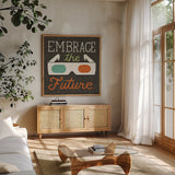 Retro Desktop 3D Glasses by Michael Mullan. Shown in a natural wood frame in a cozy modern living room. Available as an archival giclee rolled canvas, fine art paper, or poster print. SKU 22801a.