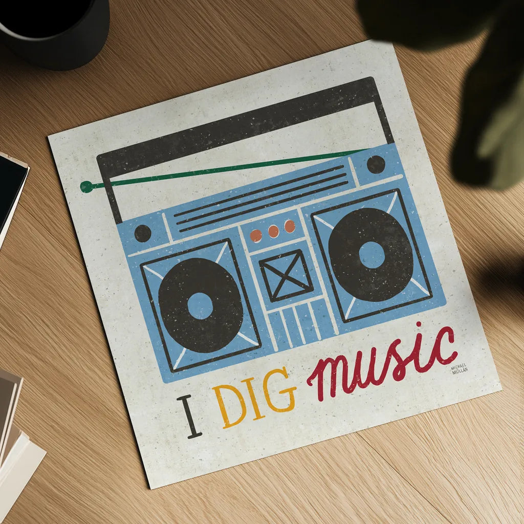 Retro Desktop Boom Box v2 by Michael Mullan. Shown as a detailed flat fine art print, highlighting archival giclee quality. Available as an archival giclee rolled canvas, fine art paper, or poster print. SKU 60989a.