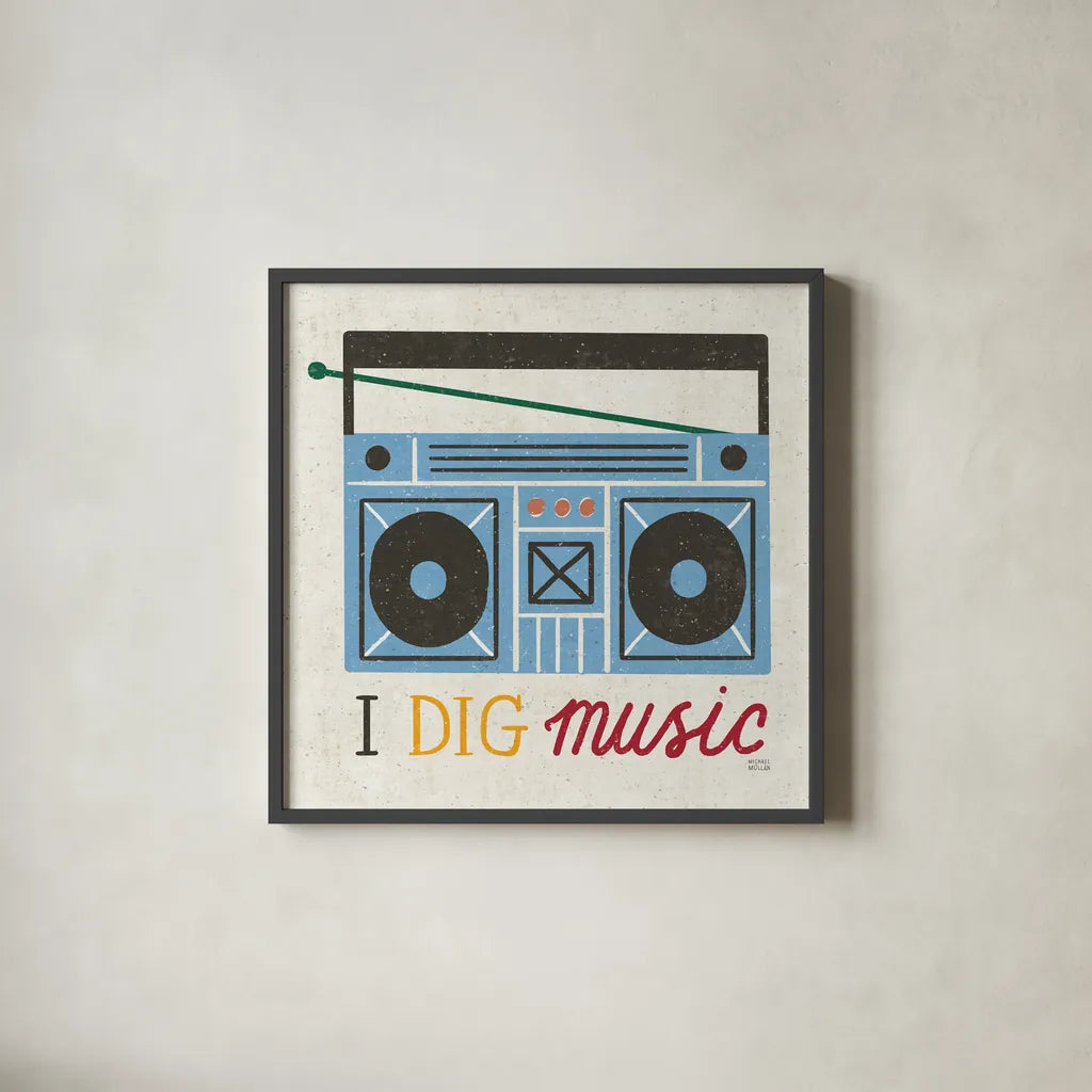 Retro Desktop Boom Box v2 by Michael Mullan. Shown in a sleek black glass frame for a contemporary gallery look. Available as an archival giclee rolled canvas, fine art paper, or poster print. SKU 60989a.