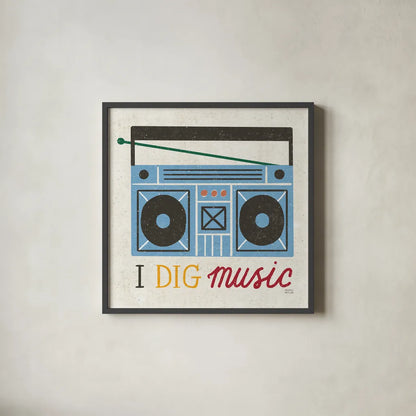 Retro Desktop Boom Box v2 by Michael Mullan. Shown in a sleek black glass frame for a contemporary gallery look. Available as an archival giclee rolled canvas, fine art paper, or poster print. SKU 60989a.