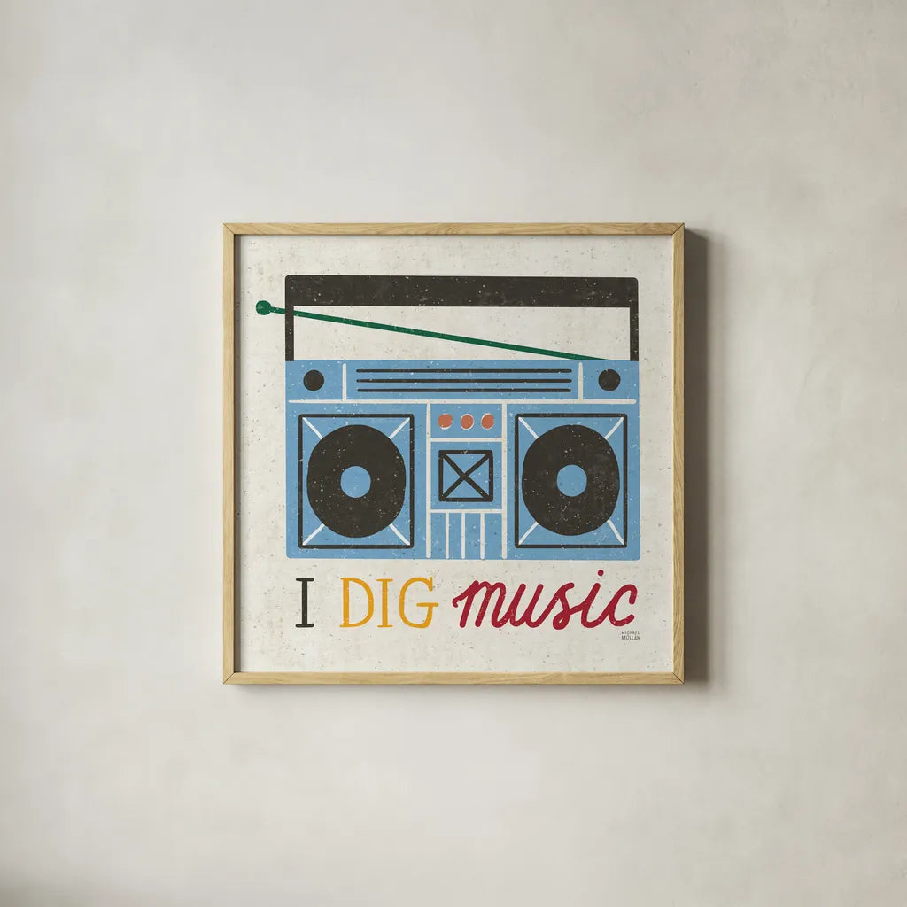 Retro Desktop Boom Box v2 by Michael Mullan. Shown in a natural wood glass frame for a timeless modern aesthetic. Available as an archival giclee rolled canvas, fine art paper, or poster print. SKU 60989a.