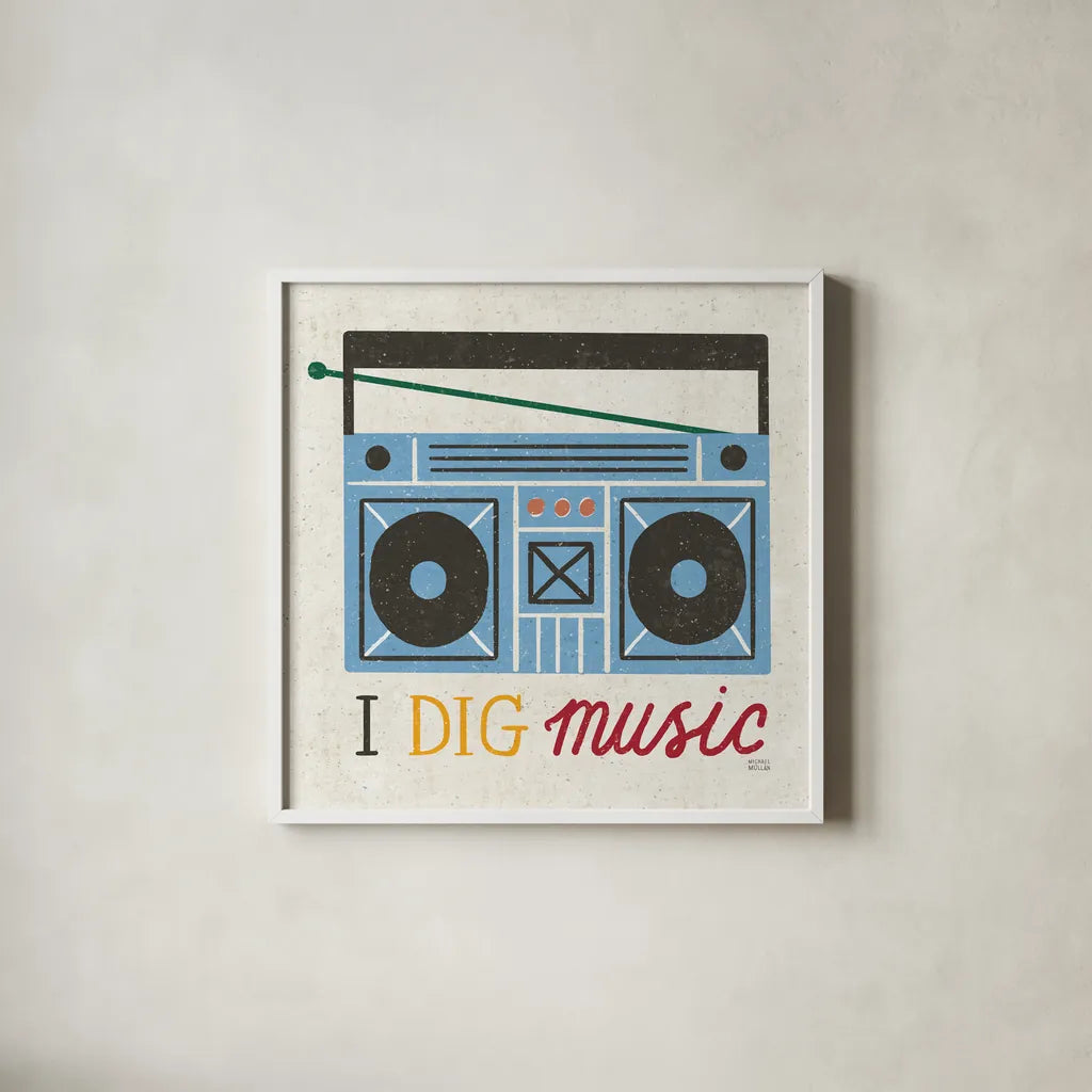 Retro Desktop Boom Box v2 by Michael Mullan. Shown in a crisp white glass frame for a clean and minimalist style. Available as an archival giclee rolled canvas, fine art paper, or poster print. SKU 60989a.