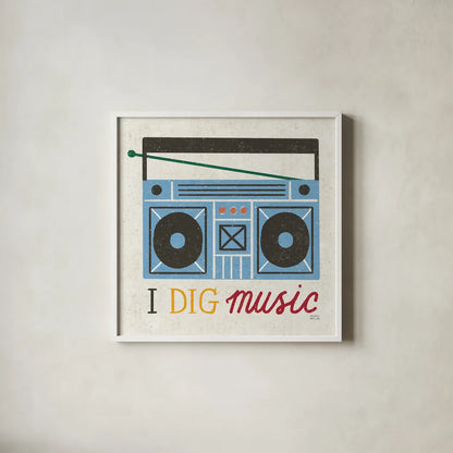 Retro Desktop Boom Box v2 by Michael Mullan. Shown in a crisp white glass frame for a clean and minimalist style. Available as an archival giclee rolled canvas, fine art paper, or poster print. SKU 60989a.