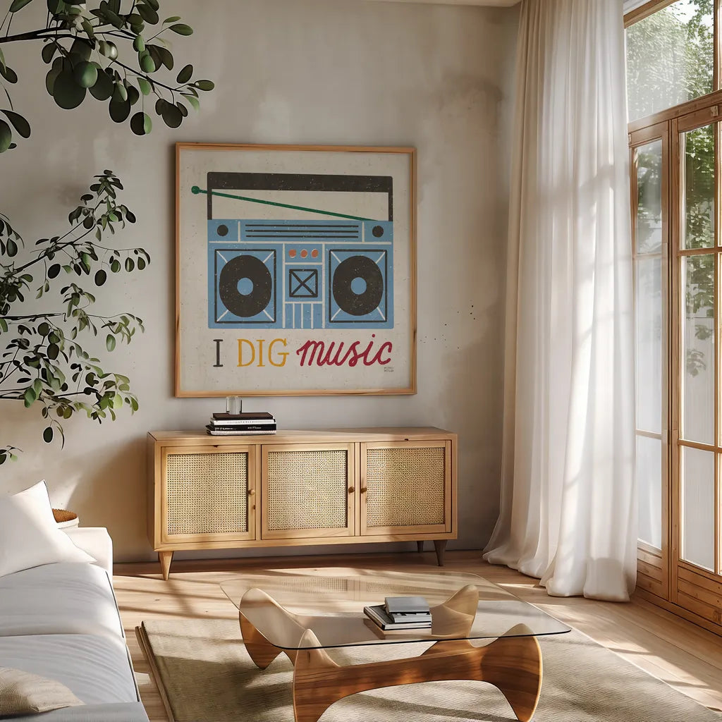 Retro Desktop Boom Box v2 by Michael Mullan. Shown in a natural wood frame in a cozy modern living room. Available as an archival giclee rolled canvas, fine art paper, or poster print. SKU 60989a.