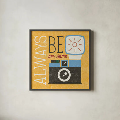 Retro Desktop Camera v2 by Michael Mullan. Shown in a sleek black glass frame for a contemporary gallery look. Available as an archival giclee rolled canvas, fine art paper, or poster print. SKU 60985a.