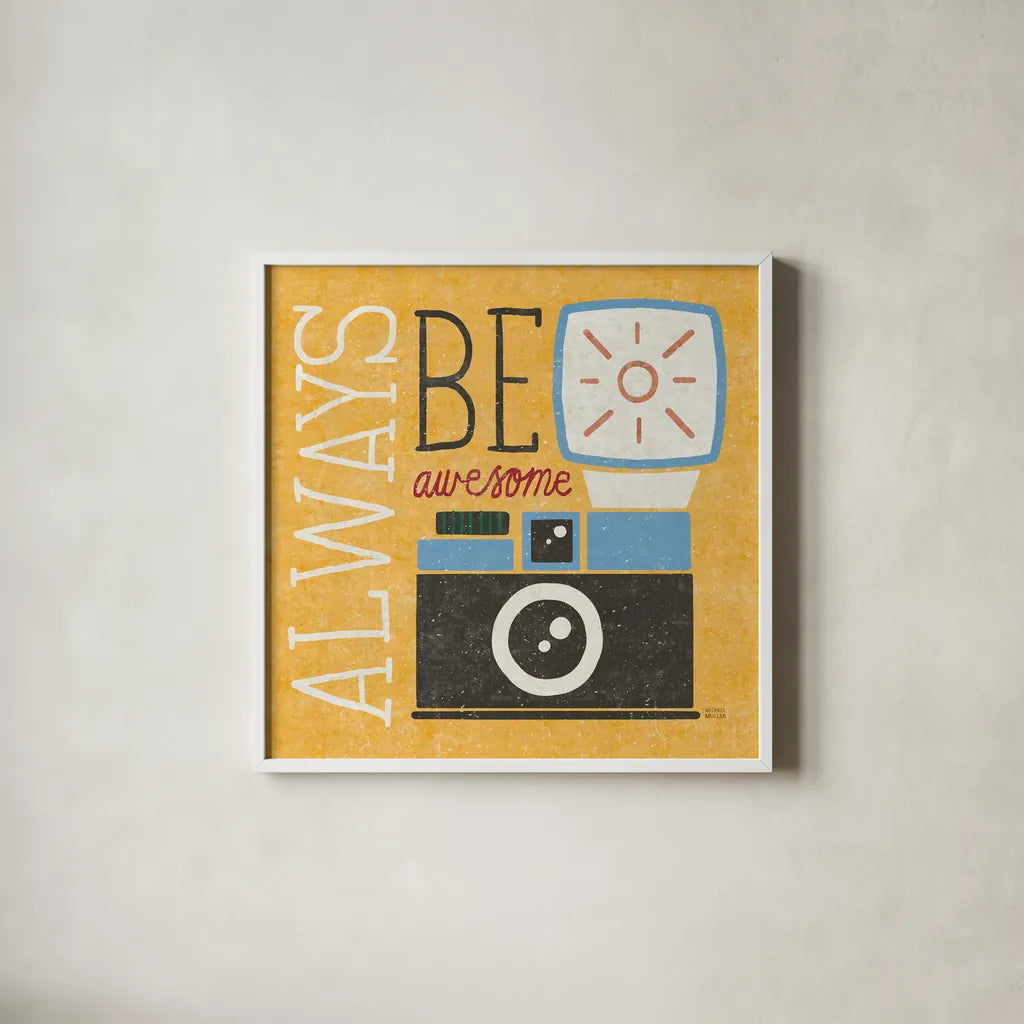 Retro Desktop Camera v2 by Michael Mullan. Shown in a crisp white glass frame for a clean and minimalist style. Available as an archival giclee rolled canvas, fine art paper, or poster print. SKU 60985a.