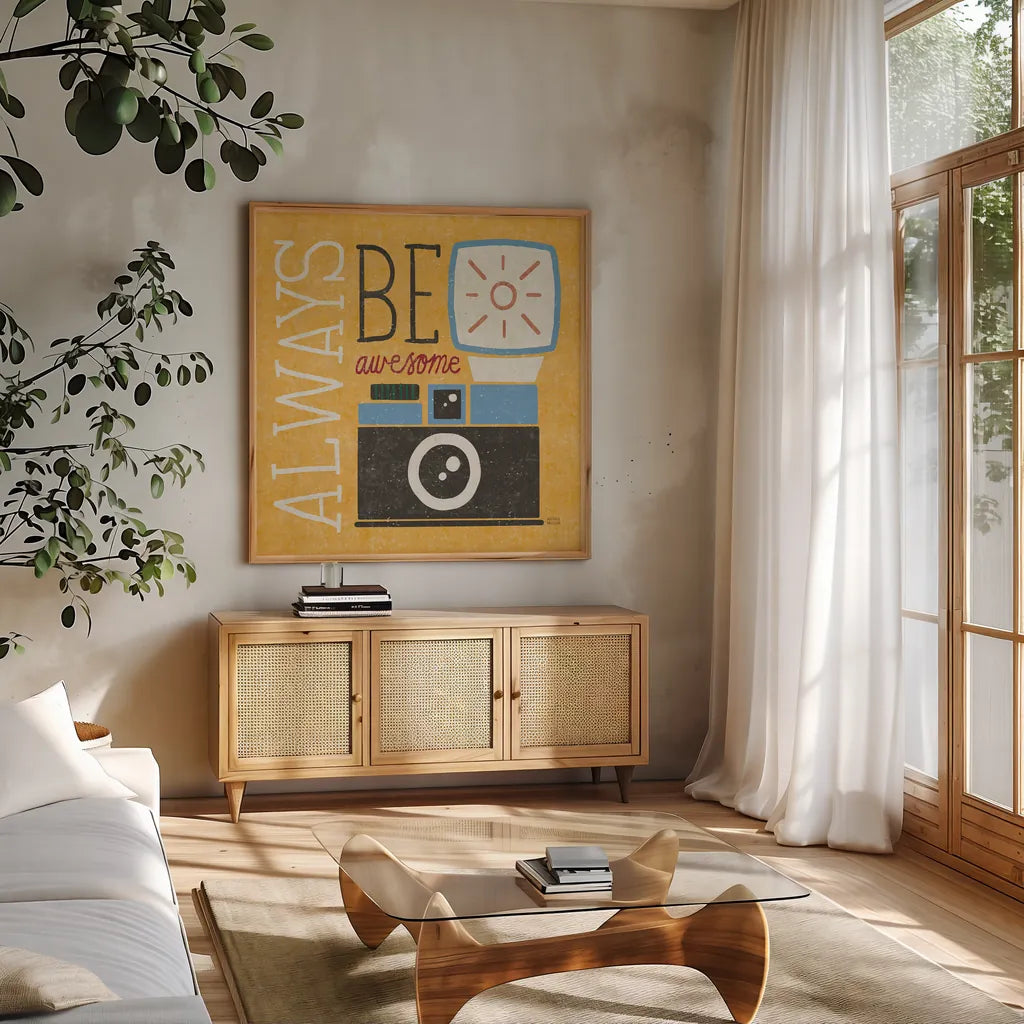 Retro Desktop Camera v2 by Michael Mullan. Shown in a natural wood frame in a cozy modern living room. Available as an archival giclee rolled canvas, fine art paper, or poster print. SKU 60985a.