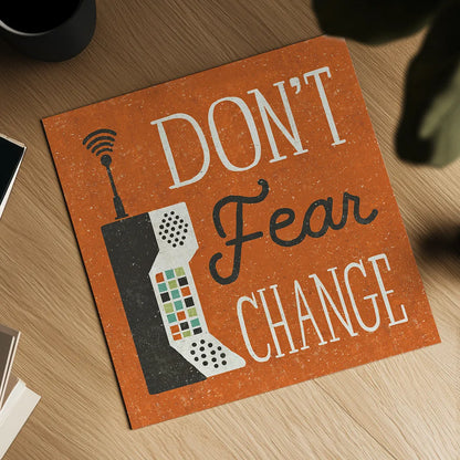 Retro Desktop Cell Phone by Michael Mullan. Shown as a detailed flat fine art print, highlighting archival giclee quality. Available as an archival giclee rolled canvas, fine art paper, or poster print. SKU 51367a.