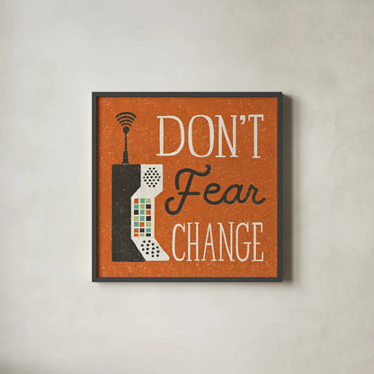 Retro Desktop Cell Phone by Michael Mullan. Shown in a sleek black glass frame for a contemporary gallery look. Available as an archival giclee rolled canvas, fine art paper, or poster print. SKU 51367a.