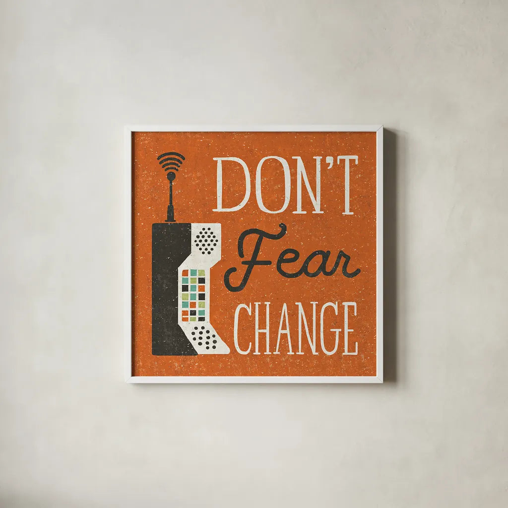 Retro Desktop Cell Phone by Michael Mullan. Shown in a crisp white glass frame for a clean and minimalist style. Available as an archival giclee rolled canvas, fine art paper, or poster print. SKU 51367a.