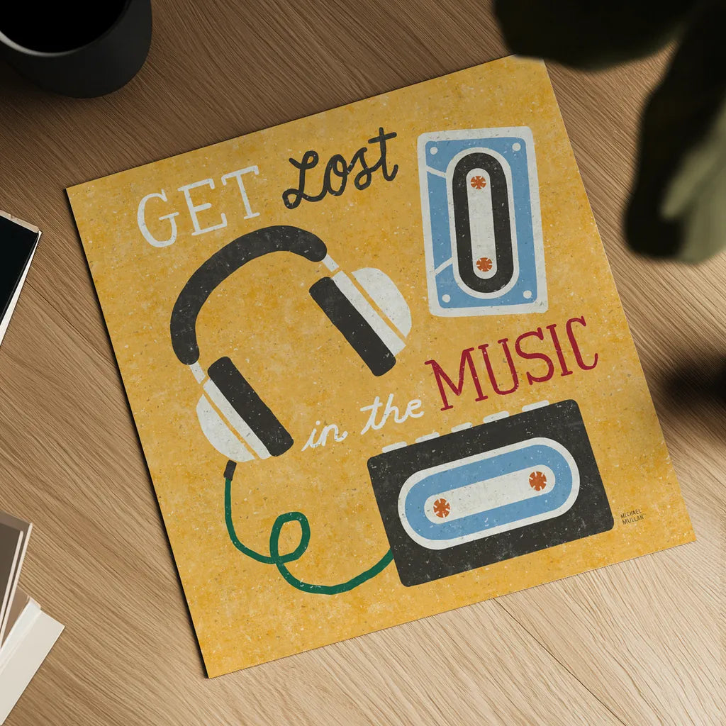 Retro Desktop Headphones v2 by Michael Mullan. Shown as a detailed flat fine art print, highlighting archival giclee quality. Available as an archival giclee rolled canvas, fine art paper, or poster print. SKU 60988a.