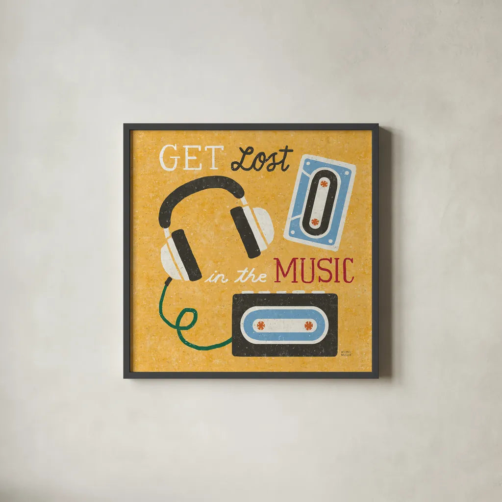 Retro Desktop Headphones v2 by Michael Mullan. Shown in a sleek black glass frame for a contemporary gallery look. Available as an archival giclee rolled canvas, fine art paper, or poster print. SKU 60988a.