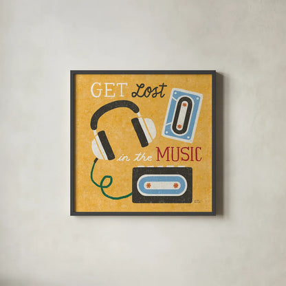 Retro Desktop Headphones v2 by Michael Mullan. Shown in a sleek black glass frame for a contemporary gallery look. Available as an archival giclee rolled canvas, fine art paper, or poster print. SKU 60988a.