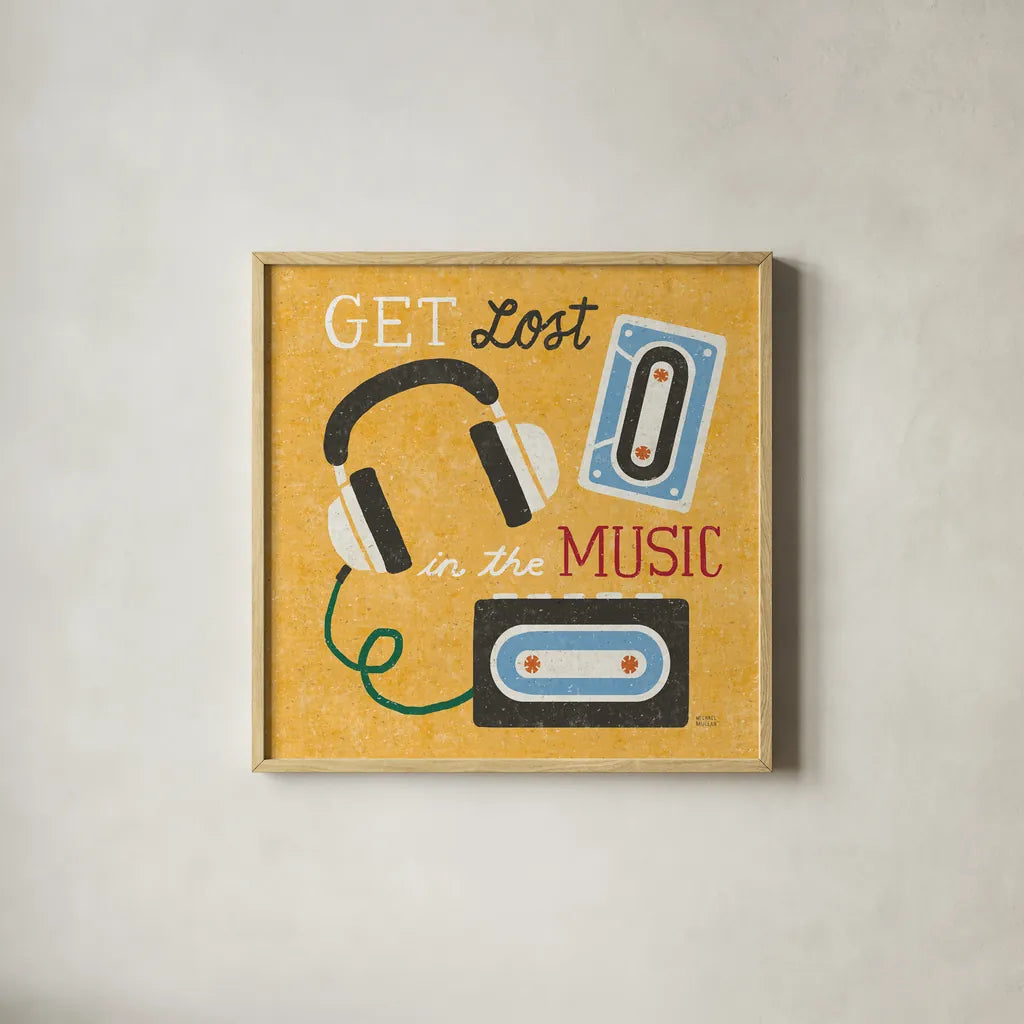 Retro Desktop Headphones v2 by Michael Mullan. Shown in a natural wood glass frame for a timeless modern aesthetic. Available as an archival giclee rolled canvas, fine art paper, or poster print. SKU 60988a.