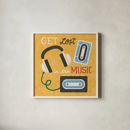Retro Desktop Headphones v2 by Michael Mullan. Shown in a crisp white glass frame for a clean and minimalist style. Available as an archival giclee rolled canvas, fine art paper, or poster print. SKU 60988a.