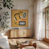 Retro Desktop Headphones v2 by Michael Mullan. Shown in a natural wood frame in a cozy modern living room. Available as an archival giclee rolled canvas, fine art paper, or poster print. SKU 60988a.