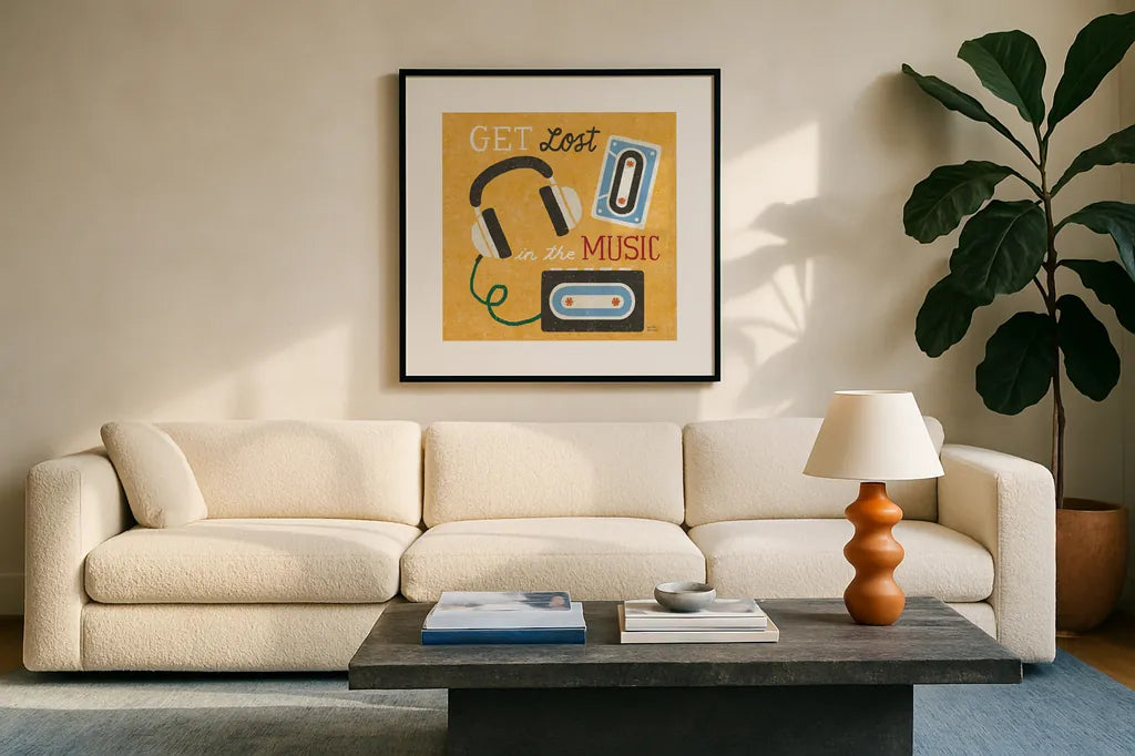 Retro Desktop Headphones v2 by Michael Mullan. Displayed in a glass frame with matte in a clean modern living room. Available as an archival giclee rolled canvas, fine art paper, or poster print. SKU 60988a.