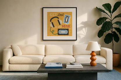 Retro Desktop Headphones v2 by Michael Mullan. Displayed in a glass frame with matte in a clean modern living room. Available as an archival giclee rolled canvas, fine art paper, or poster print. SKU 60988a.