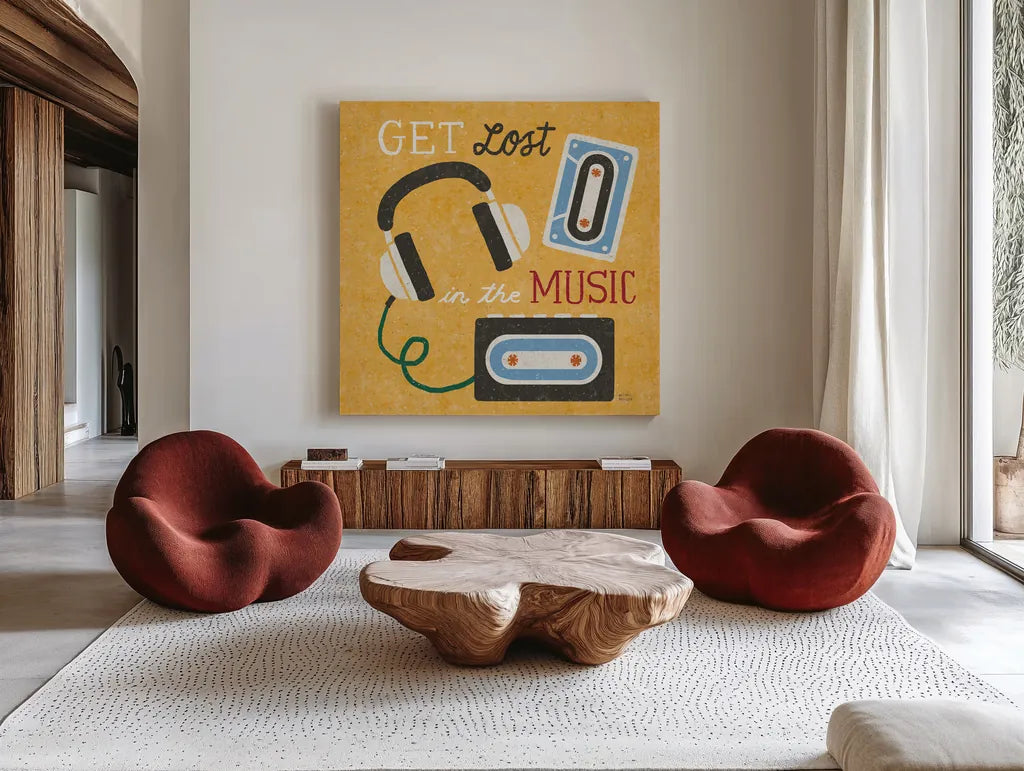 Retro Desktop Headphones v2 by Michael Mullan. Shown as extra-large giant wall art in a modern living room. Available as an archival giclee rolled canvas, fine art paper, or poster print. SKU 60988a.