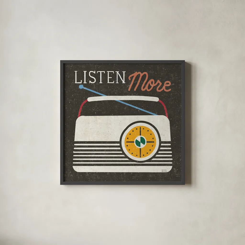Retro Desktop Radio v2 by Michael Mullan. Shown in a sleek black glass frame for a contemporary gallery look. Available as an archival giclee rolled canvas, fine art paper, or poster print. SKU 60984a.