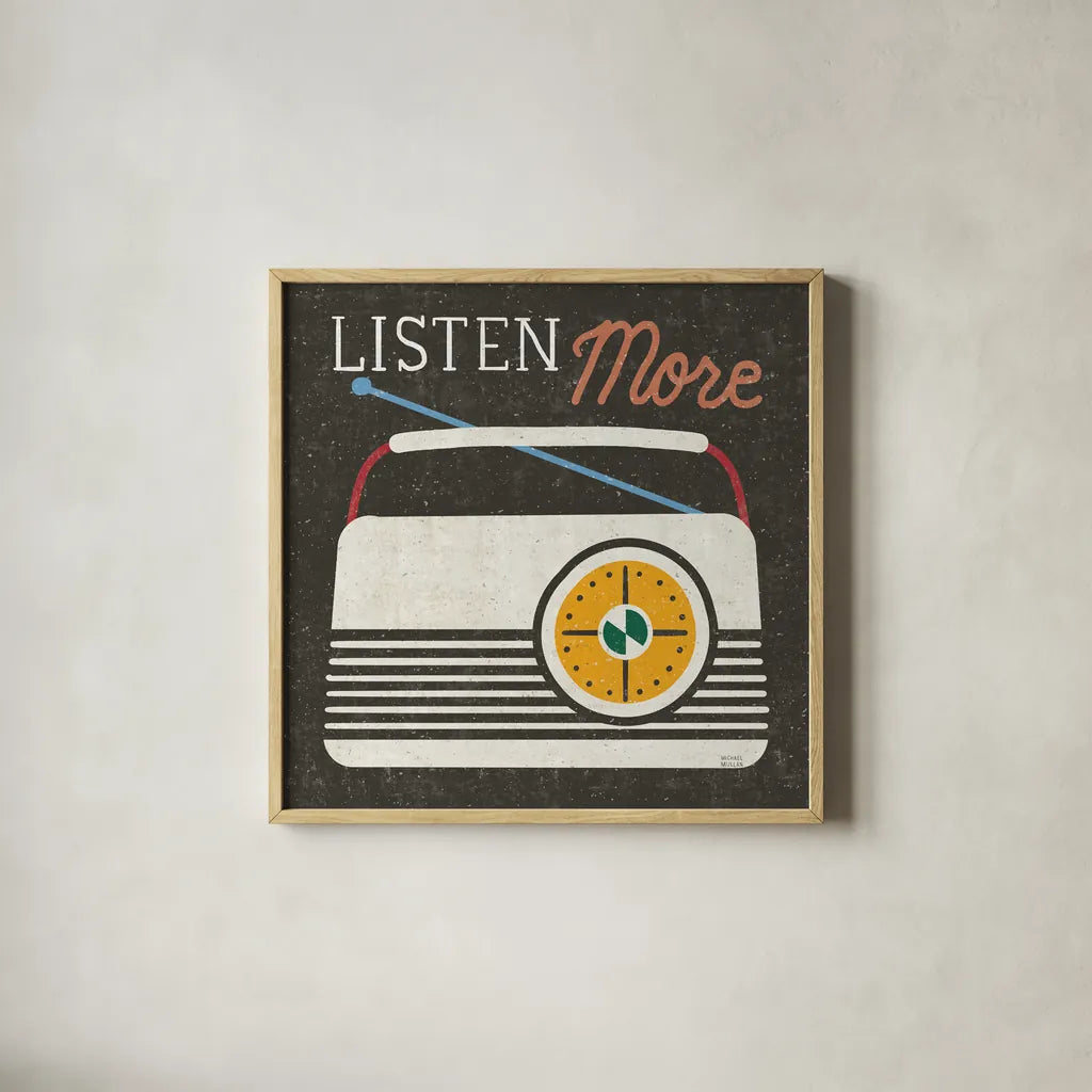 Retro Desktop Radio v2 by Michael Mullan. Shown in a natural wood glass frame for a timeless modern aesthetic. Available as an archival giclee rolled canvas, fine art paper, or poster print. SKU 60984a.