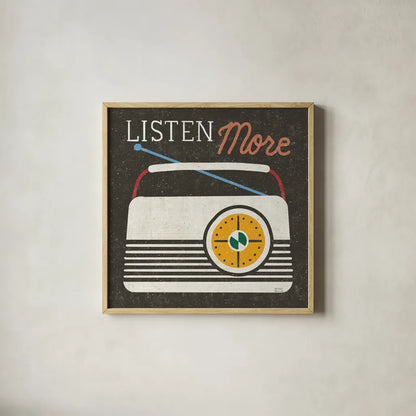 Retro Desktop Radio v2 by Michael Mullan. Shown in a natural wood glass frame for a timeless modern aesthetic. Available as an archival giclee rolled canvas, fine art paper, or poster print. SKU 60984a.