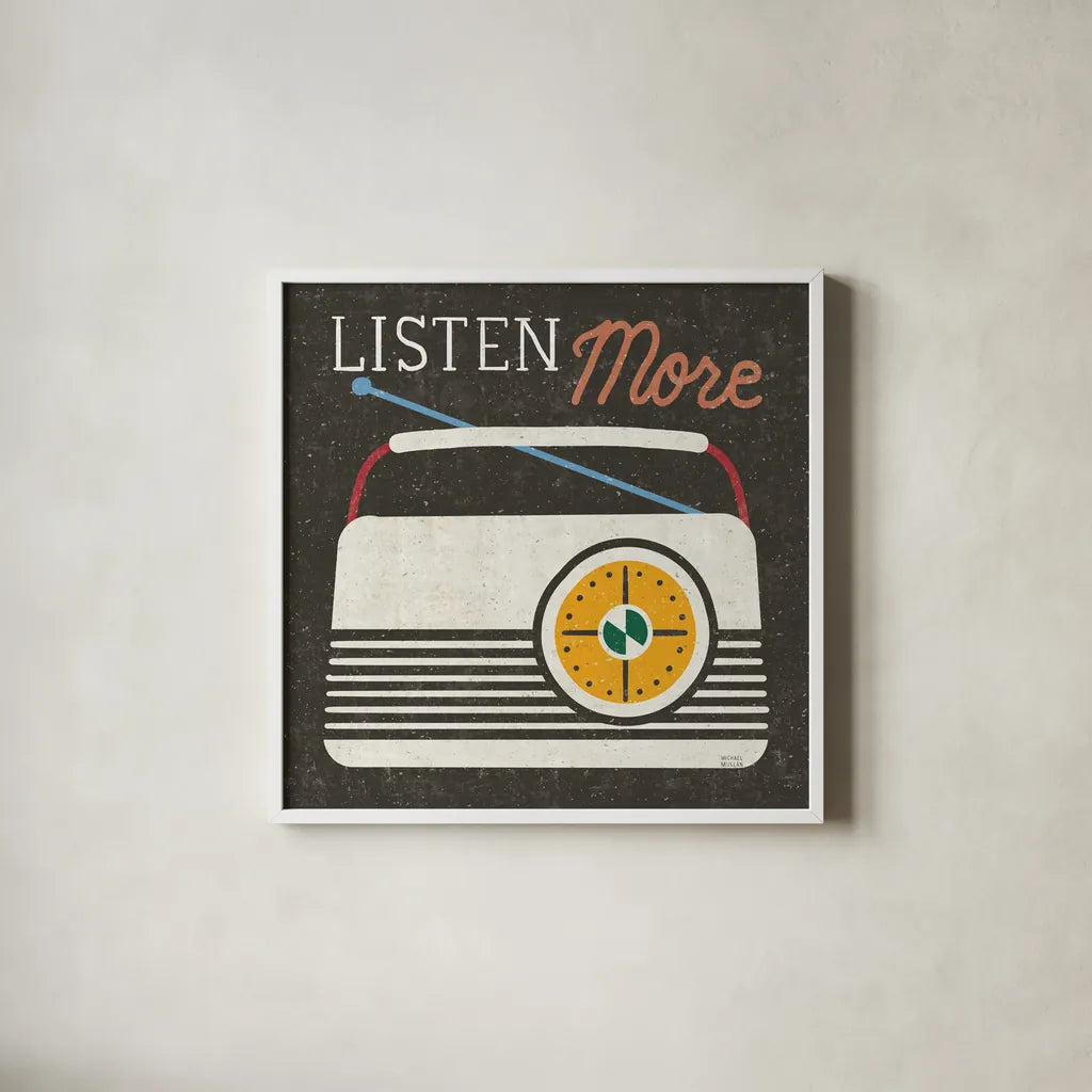 Retro Desktop Radio v2 by Michael Mullan. Shown in a crisp white glass frame for a clean and minimalist style. Available as an archival giclee rolled canvas, fine art paper, or poster print. SKU 60984a.
