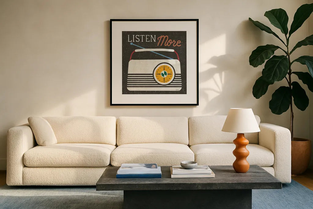 Retro Desktop Radio v2 by Michael Mullan. Displayed in a glass frame with matte in a clean modern living room. Available as an archival giclee rolled canvas, fine art paper, or poster print. SKU 60984a.