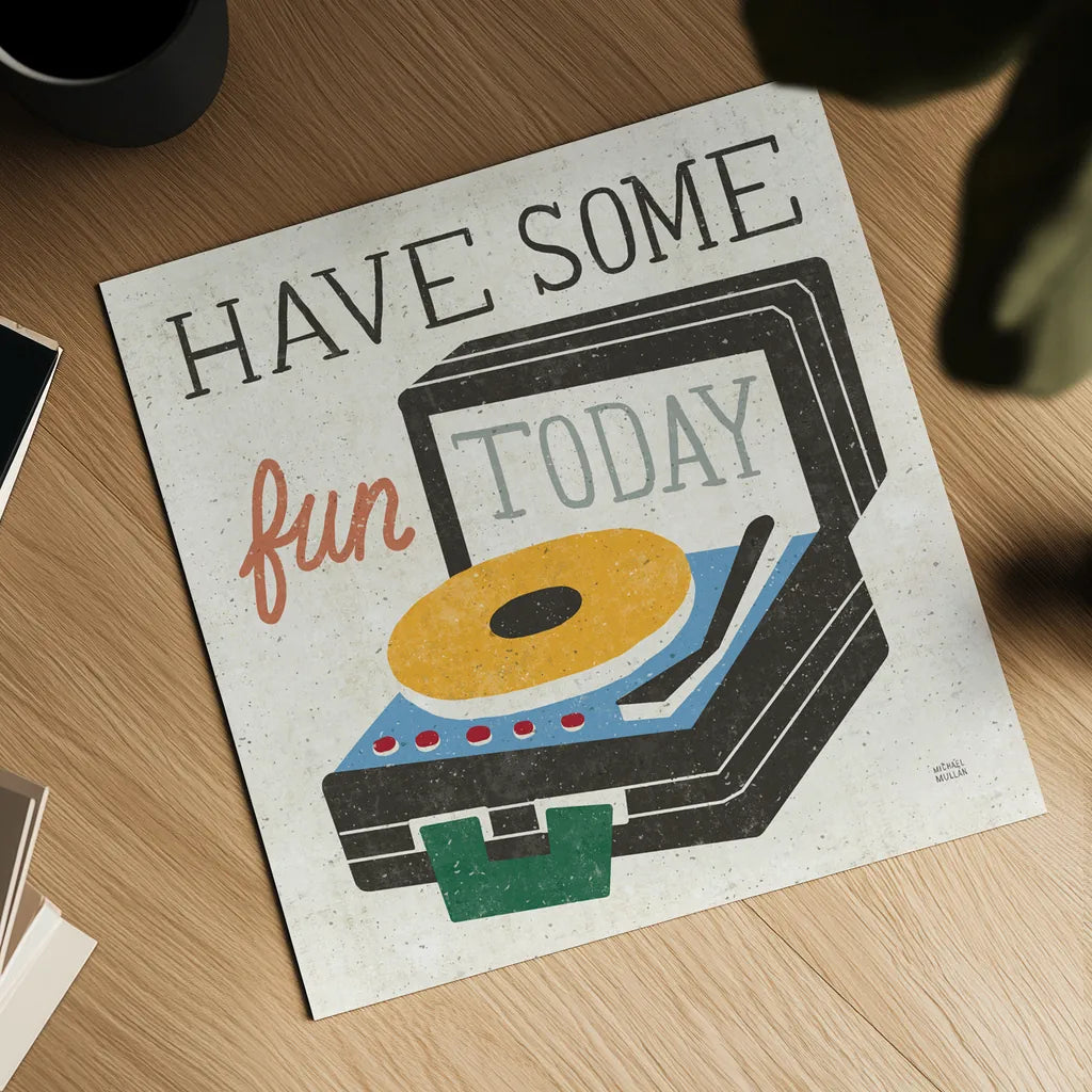 Retro Desktop Record Player v2 by Michael Mullan. Shown as a detailed flat fine art print, highlighting archival giclee quality. Available as an archival giclee rolled canvas, fine art paper, or poster print. SKU 60986a.