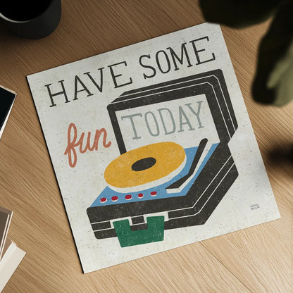 Retro Desktop Record Player v2 by Michael Mullan. Shown as a detailed flat fine art print, highlighting archival giclee quality. Available as an archival giclee rolled canvas, fine art paper, or poster print. SKU 60986a.